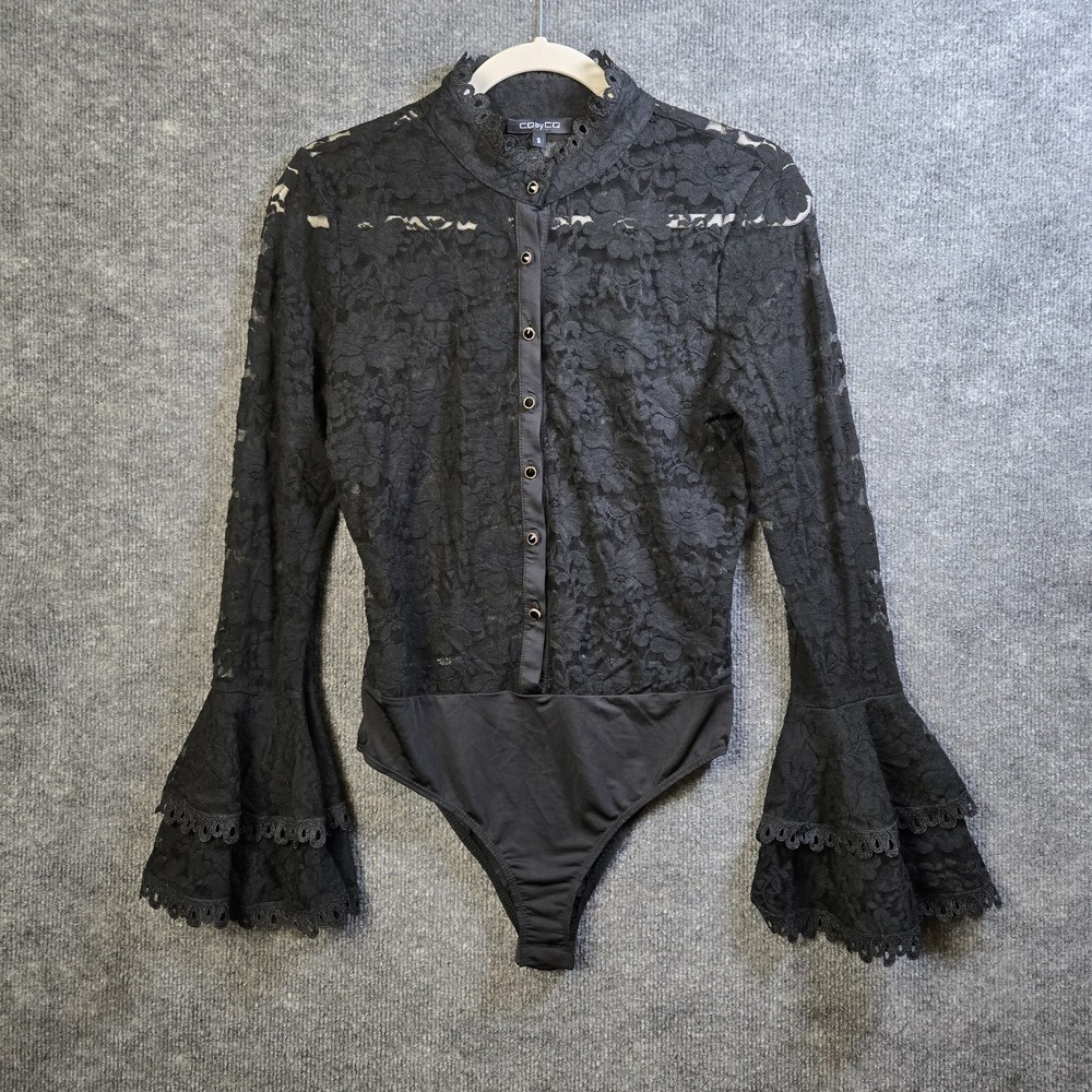CQ Bodysuit Womens S Black Sheer Lace Button Up Tiered Sleeve Vamp Goth